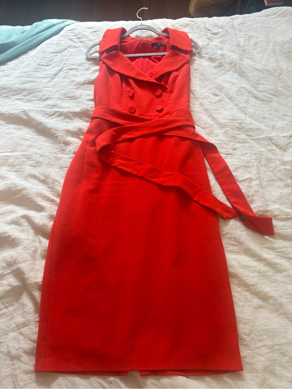 Badgley Mischka Red Sleeveless Double-Breasted Midi Dress with Waist Tie